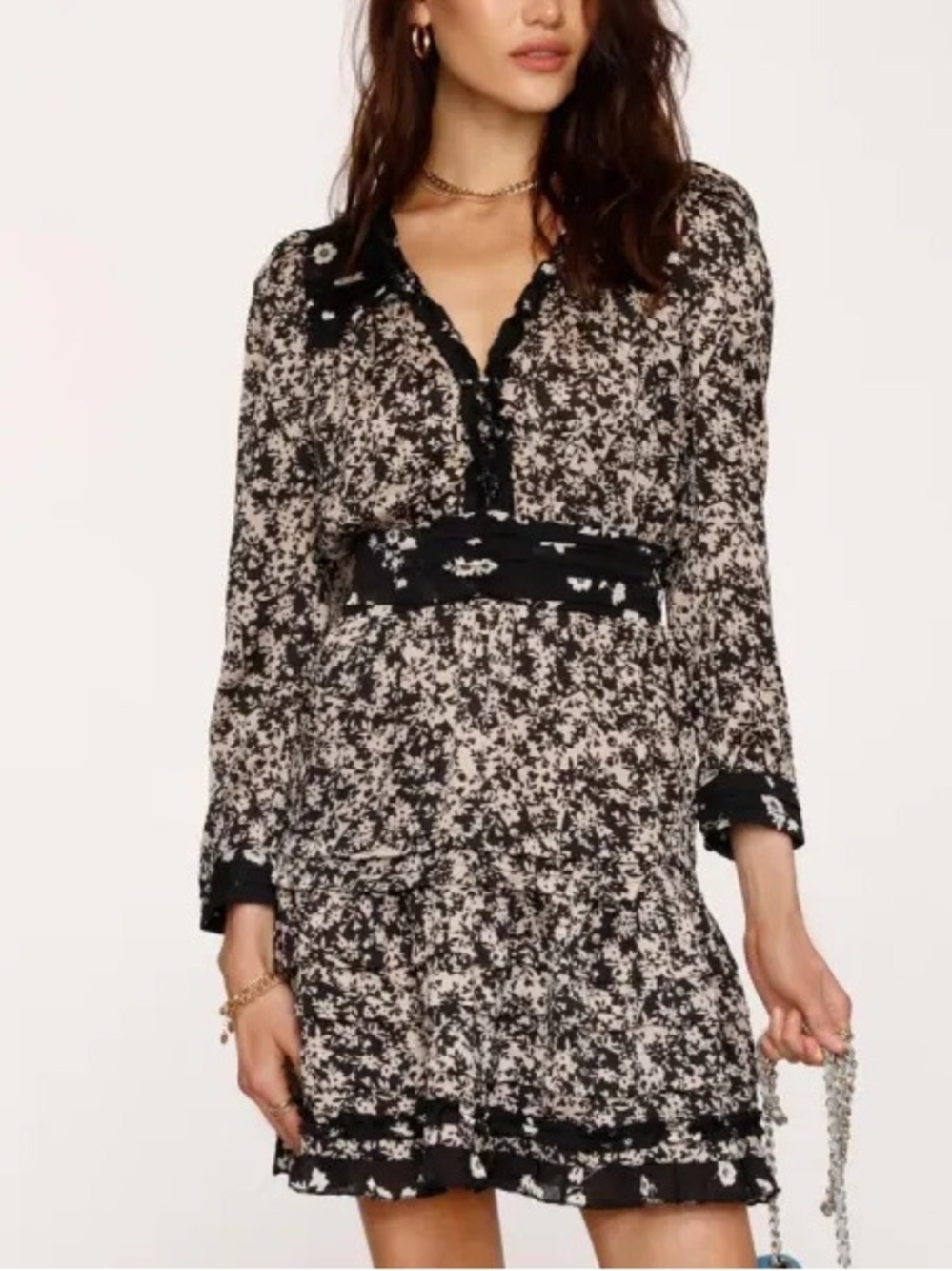 Heartloom Erika Floral Ruffle Mini Dress XS Boho Romantic Long Sleeve